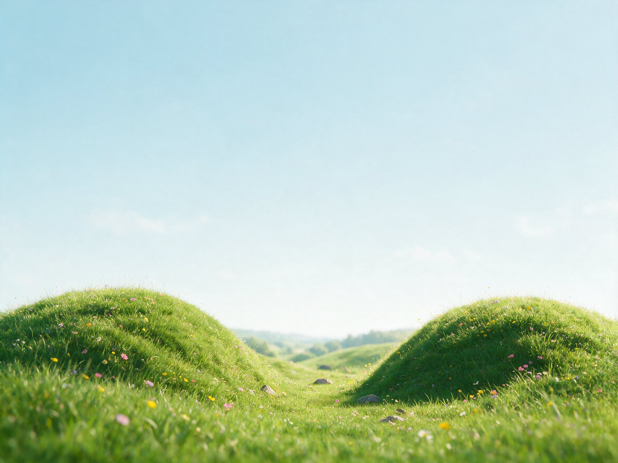 Green rolling hills framing an open valley under a blue sky