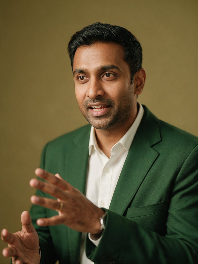 Ecommerce brand operator in a green blazer