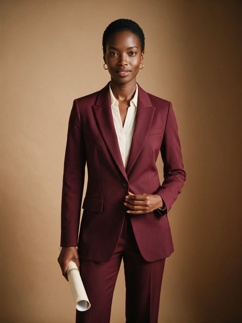 D2C brand founder in a burgundy suit